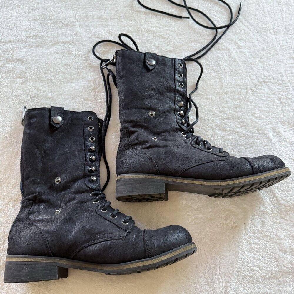 Madden Girl Destinn Black  LaceUp BackZip FurLined Fold Over Boots W US 9